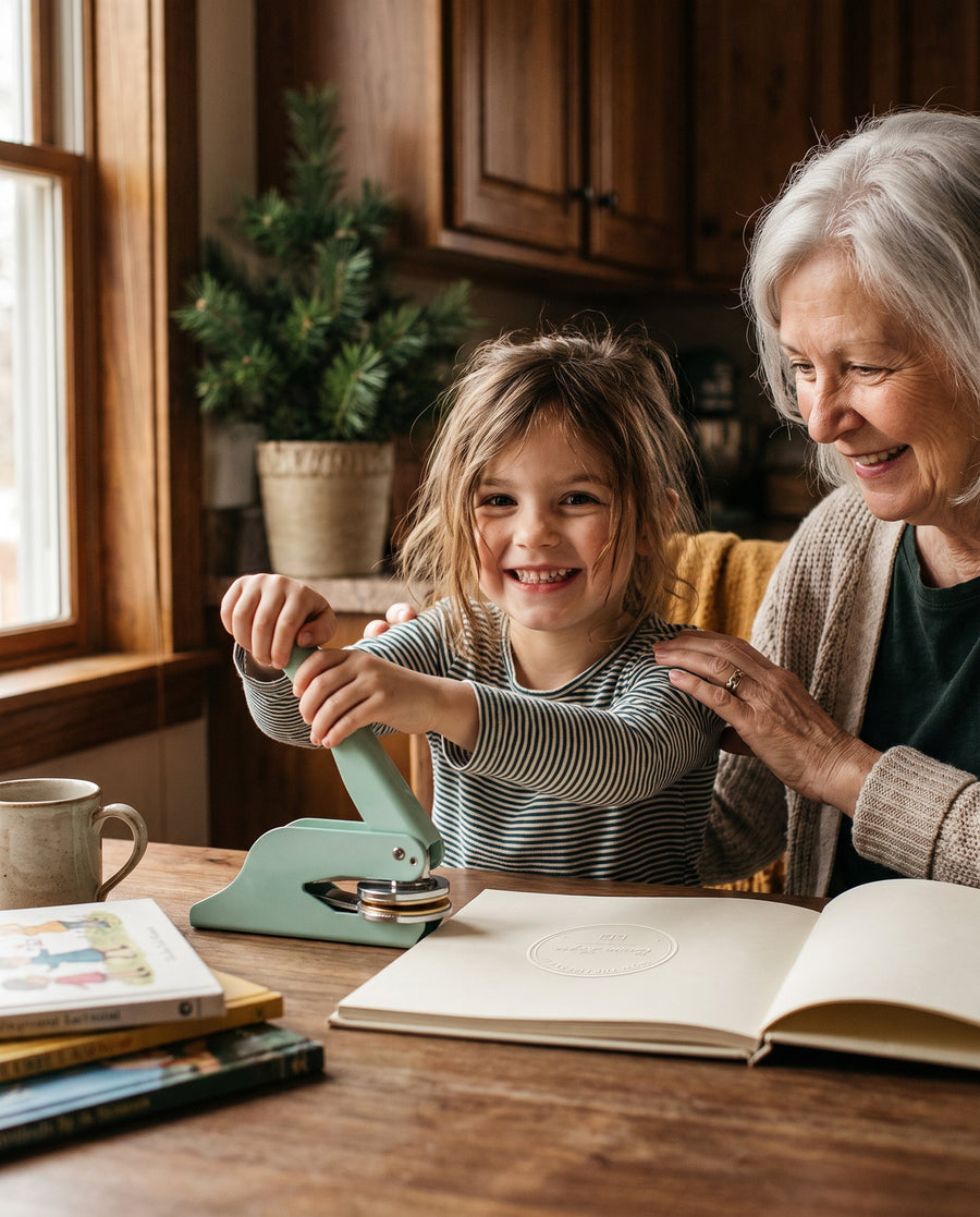 A grandmother and granddaughter embossing a picture book with a mint embosser