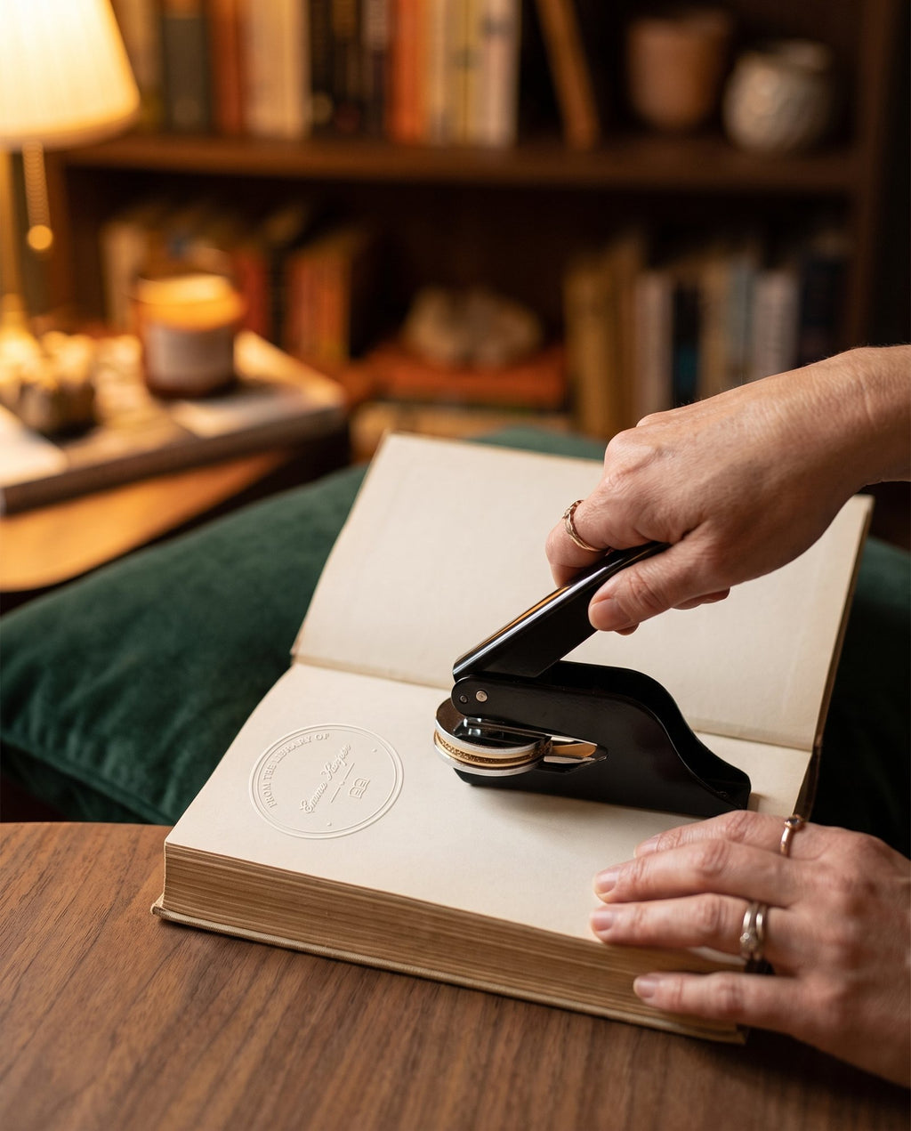 Embossing the first page of a book in a cozy reading nook
