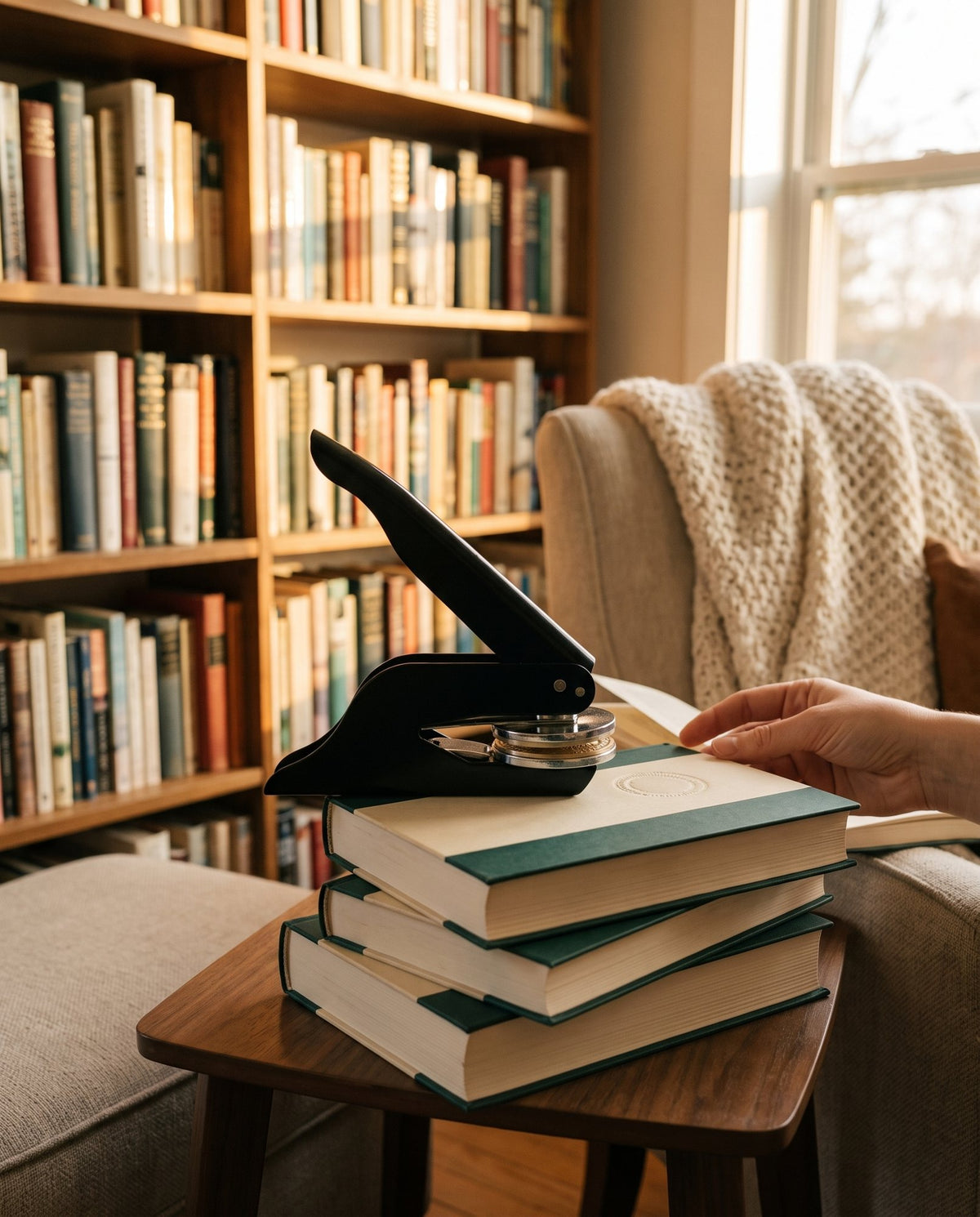 A black book embosser resting on a stack of books in a home library