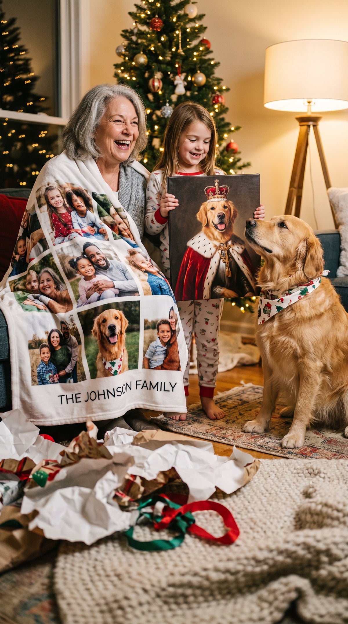 A family opening personalized Christmas gifts: a royal portrait of their golden retriever and a family photo blanket