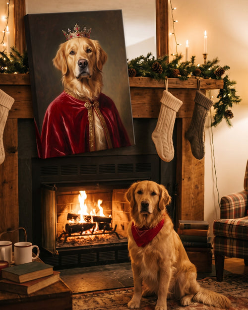 Golden retriever sitting beside its royal portrait canvas by the fireplace