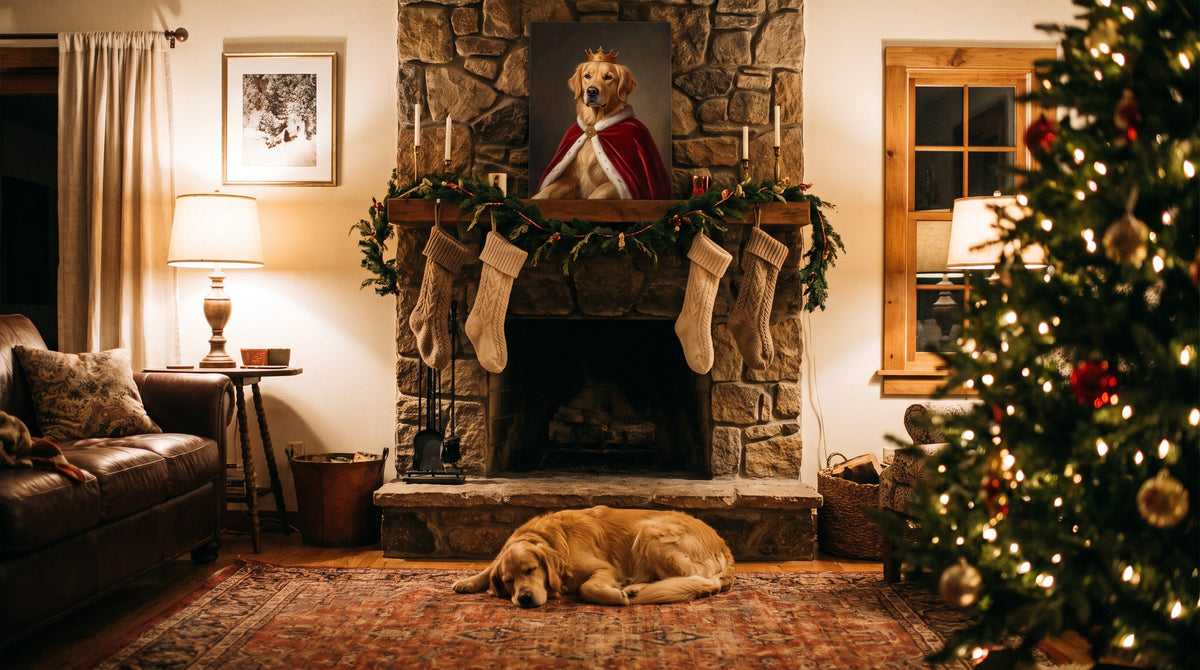 Royal pet portrait canvas on a Christmas mantel above a sleeping golden retriever